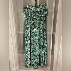 Green and white palm print strapless dress